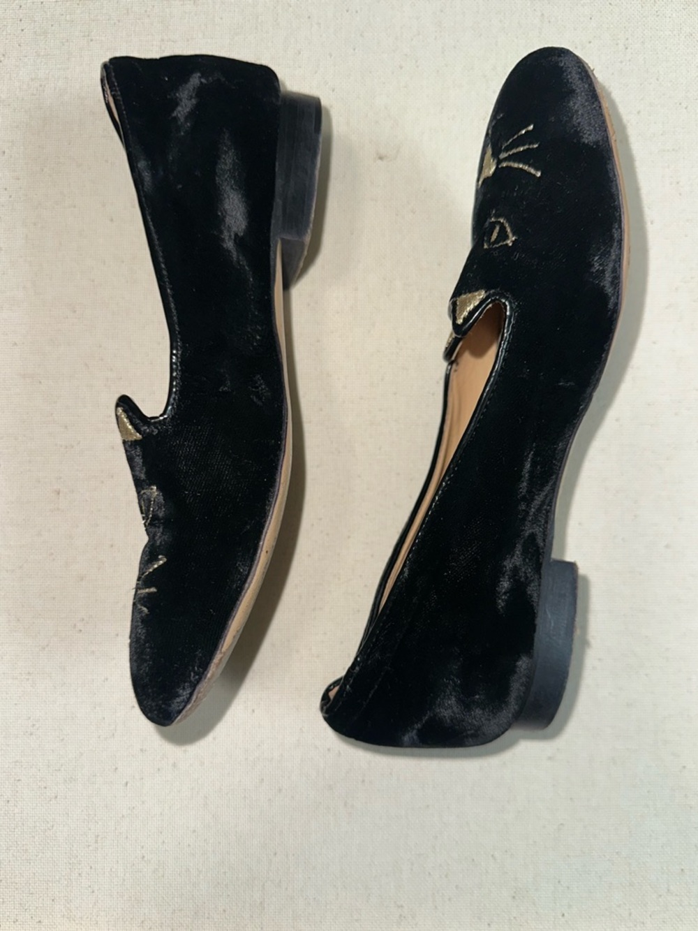 Charlotte Olympia Black Velvet Cat-Embroidered Slip-On Flats - Picture 5 of 7